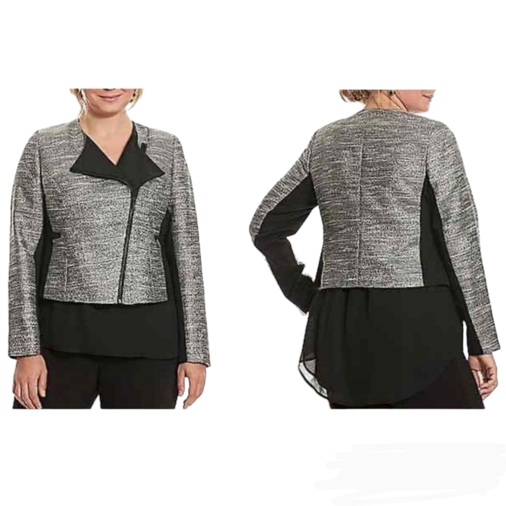 Lane Bryant Silver Black Metallic Jacket Diagonal Full Zip Wing Collar Fall 20